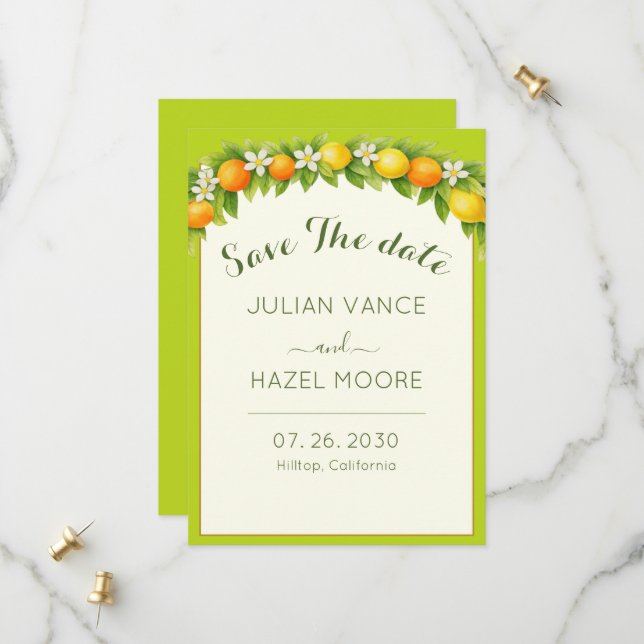 Zitrusgarten Orange & Lemon Hochzeit Save The Date (Vorderseite/Rückseite Beispiel)