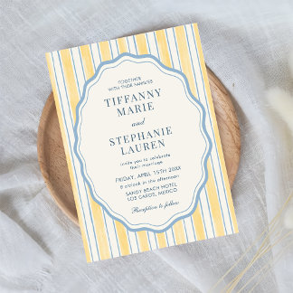 Zitrusgelbe elegante moderne Streifenhochzeit Einladung