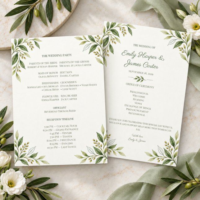 Zitrusgrüne moderne botanische Hochzeit Programm (Von Creator hochgeladen)