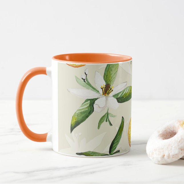 Zitrusmuster von Orangen und Orangenblüten Tasse (Mit Donut)