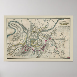 Zivile Kriegs-Karte von Chattanooga und von Nähe Poster