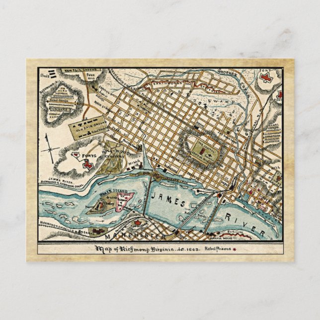 Zivile Kriegskarte von Richmond, Virginia 1863 Postkarte (Vorderseite)