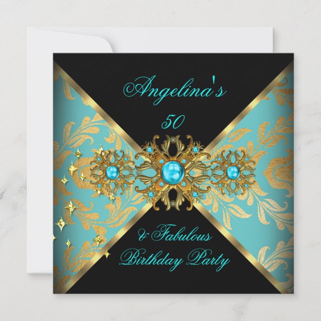 ZIZAGO DESIGN Fabulous 50 Aquamarin Gold Damask Pa Einladung (Vorderseite)
