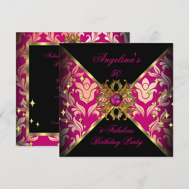 ZIZAGO DESIGN Fabulous 50 Pink Gold Damask Party Einladung (Vorne/Hinten)