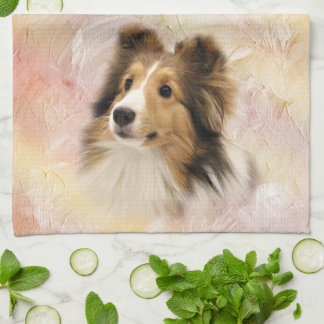 Zobel Sheltie stellen gegenüber Geschirrtuch