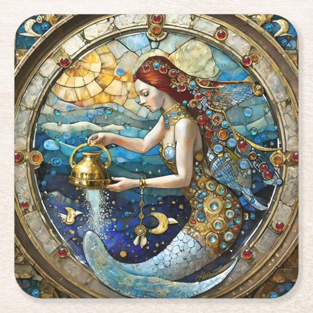 Zodiac - Aquarius Die Meerjungfrau Rechteckiger Pappuntersetzer (Vorderseite)