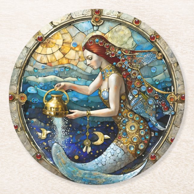 Zodiac - Aquarius Die Meerjungfrau Runder Pappuntersetzer (Vorderseite)