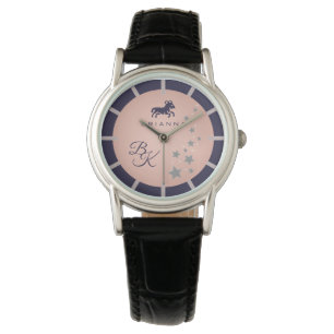 Zodiac Aries Elegant Rosé Dark Blue Mit Monogramm Armbanduhr