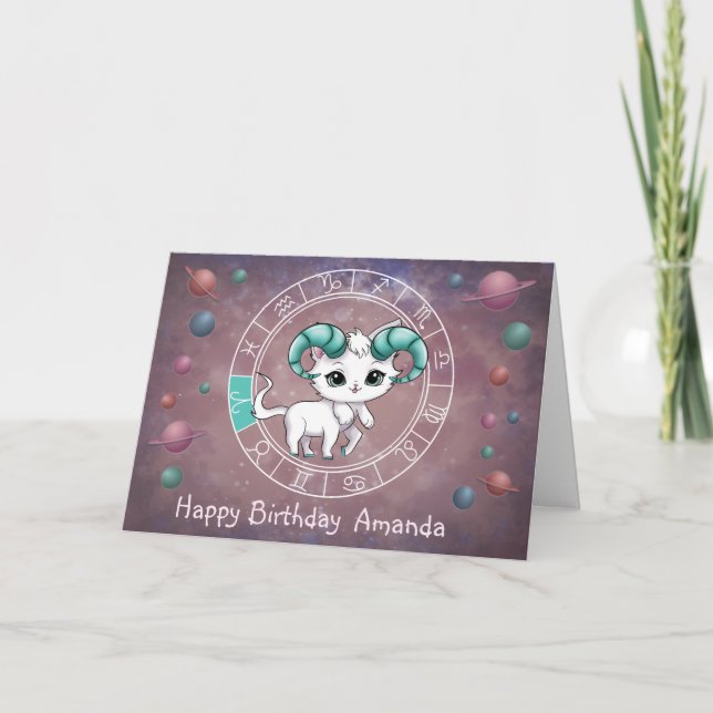 Zodiac Aries Niedliche Katzenradbahn Astrologie Karte (Vorderseite)