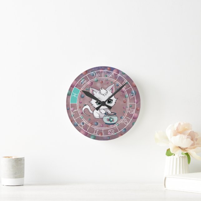 Zodiac Fisces Niedlich Cat Wheel Planet Astrologie Runde Wanduhr (Zuhause)