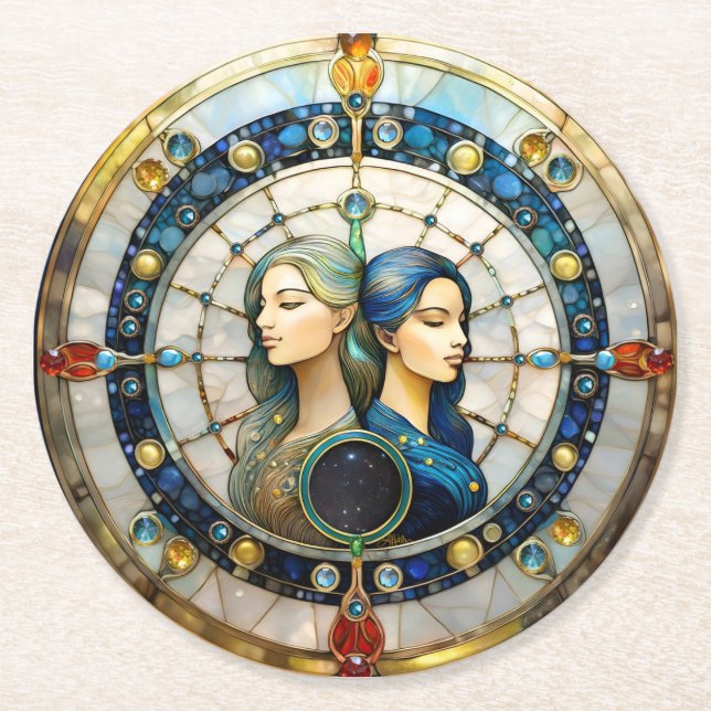 Zodiac - Gemini Die Zwillinge Runder Pappuntersetzer (Vorderseite)