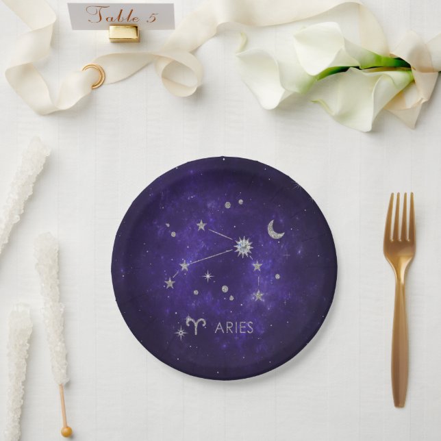 Zodiac Lila Aries | Kosmisches Astrologie Horoskop Pappteller (Hochzeit)