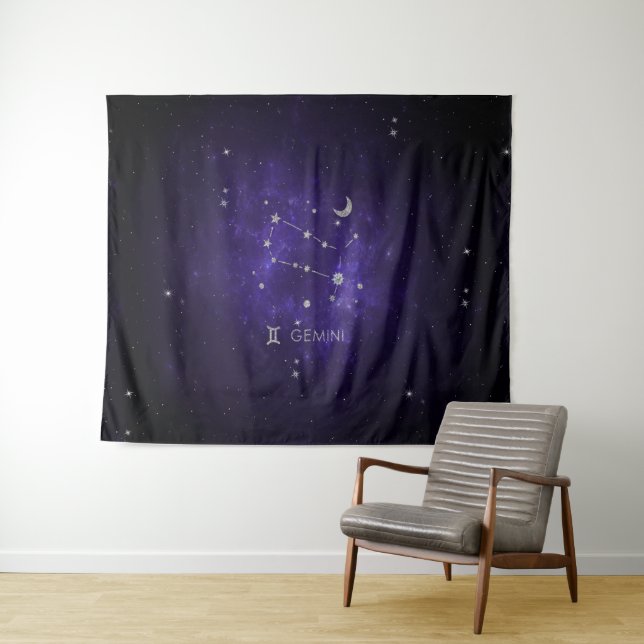 Zodiac Lila Gemini | Kosmisches Astrologie Horosko Wandteppich (Beispiel (Horizontal))