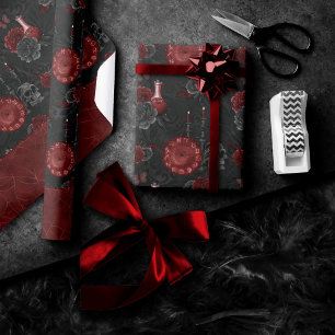 Zodiac Magic Crimson   Henna Red Gothic Skull Rose Geschenkpapier