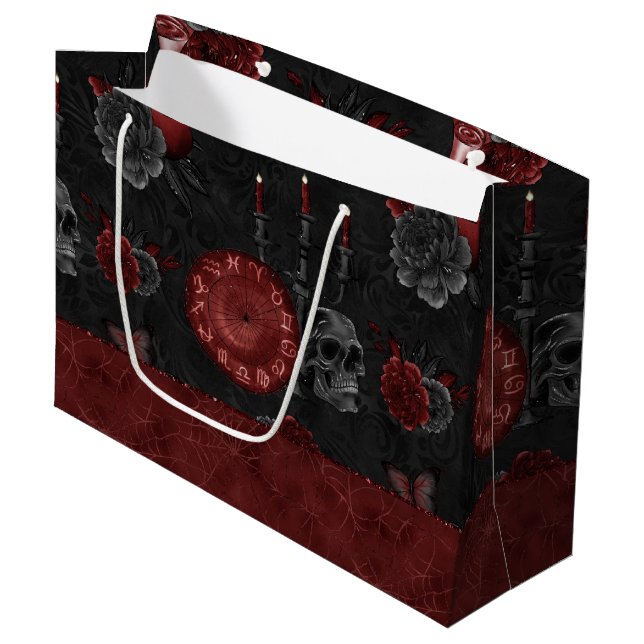 Zodiac Magic Crimson | Henna Red Gothic Skull Rose Große Geschenktüte (Vorderseite Schrägansicht)
