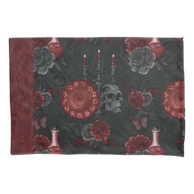 Zodiac Magic Crimson | Henna Red Gothic Skull Rose Kissenbezug (Vorderseite)