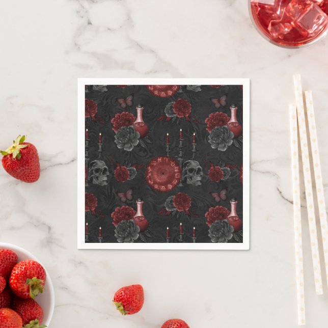 Zodiac Magic Crimson | Henna Red Gothic Skull Rose Serviette (Beispiel)