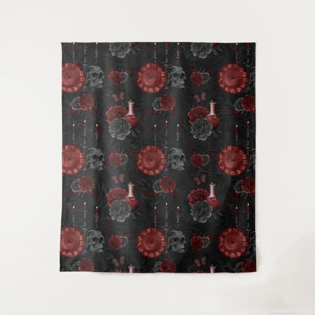 Zodiac Magic Crimson | Henna Red Gothic Skull Rose Wandteppich (Vorderseite)
