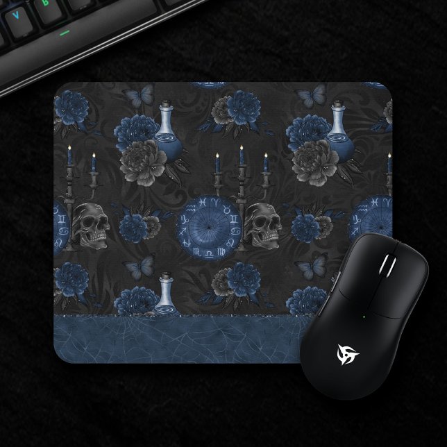 Zodiac Magic | Dark Navy Blue Gothic Skull Roses Mousepad (Von Creator hochgeladen)