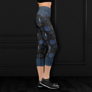 Zodiac Magic   Dark Navy Blue Gothull Rose Capri Leggings