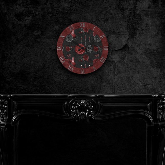 Zodiac Magic | Henna Red Gothic Skull Roses Potion Runde Wanduhr (Von Creator hochgeladen)