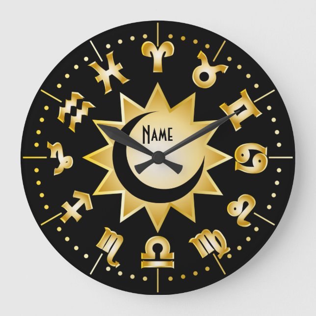 Zodiac Monogram Black Gold Sun Moon Fügen Sie Ihre Große Wanduhr (Vorderseite)