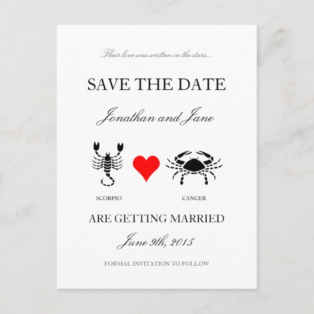 Zodiac Save the Date (Skorpio/Krebs) weiß Ankündigungspostkarte (Vorderseite)