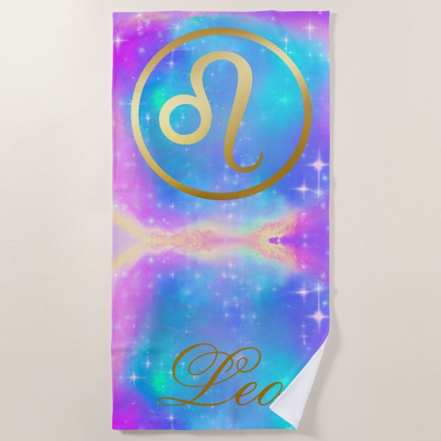 Zodiac Sign Leo Gold über farbenprächtigen Hinterg Strandtuch (Vorderseite)
