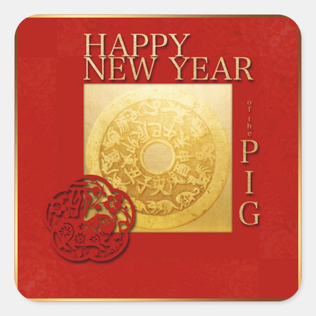Zodiac Sign Pig Papercut Chinesisches Jahr 2019 Pl Quadratischer Aufkleber (Vorderseite)