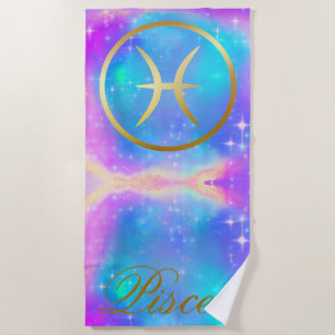 Zodiac Sign Pisces Gold auf farbenprächtigem Hinte Strandtuch