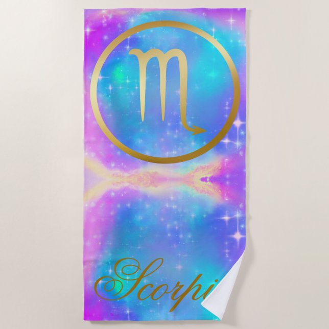 Zodiac Sign Scorpio Gold auf farbenprächtigem Hint Strandtuch (Vorderseite)