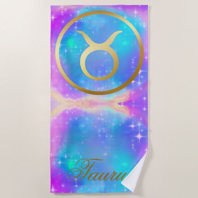 Zodiac Sign Taurus Gold auf farbenprächtigem Hinte Strandtuch (Vorderseite)