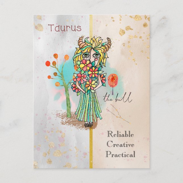 Zodiac Sign Taurus Whimsical Girl Symbolic Bull Postkarte (Vorderseite)