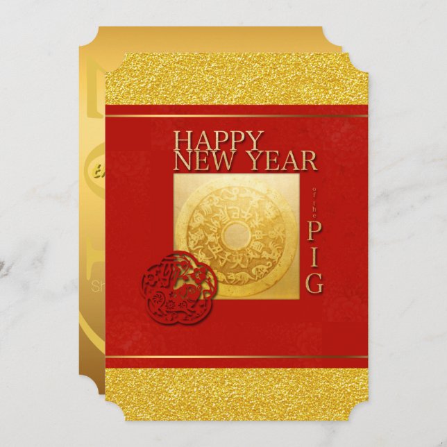 Zodiac Signing Pig Papercut Chinesisches Jahr 2019 Einladung (Vorne/Hinten)