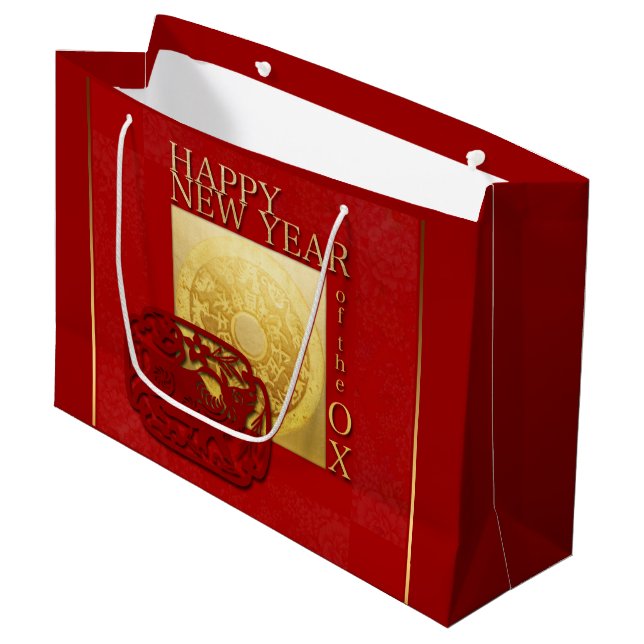 Zodiac Signs Ox Papercut Chinese Year 2021 LGB Große Geschenktüte (Vorderseite Schrägansicht)