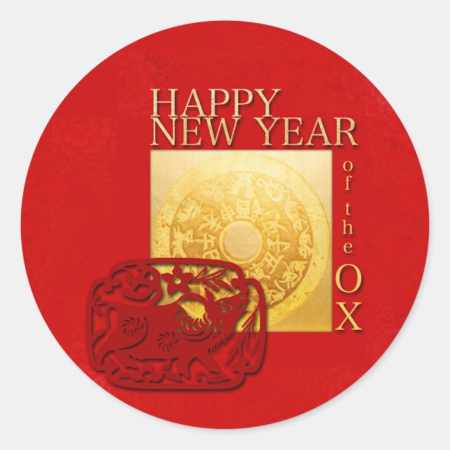 Zodiac Signs Ox Papercut Chinesisches Jahr 2021 RS Runder Aufkleber (Vorderseite)
