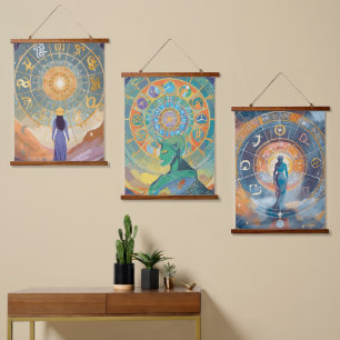 Zodiac Signs und Astrologie Mauer Kunst Wandteppich Mit Holzrahmen