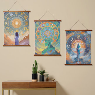 Zodiac Signs und Astrologie Mauer Kunst Wandteppich Mit Holzrahmen