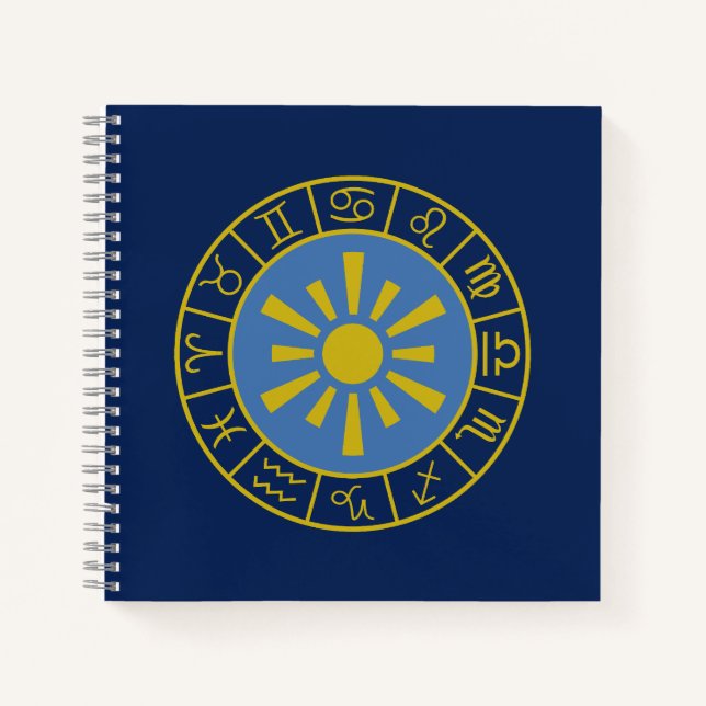 Zodiac Sun Wheel+Astrologische Symbole Gold+Blues Notizbuch (Vorderseite)
