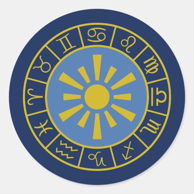 Zodiac Sun Wheel+Astrologische Symbole Gold+Blues Runder Aufkleber (Vorderseite)