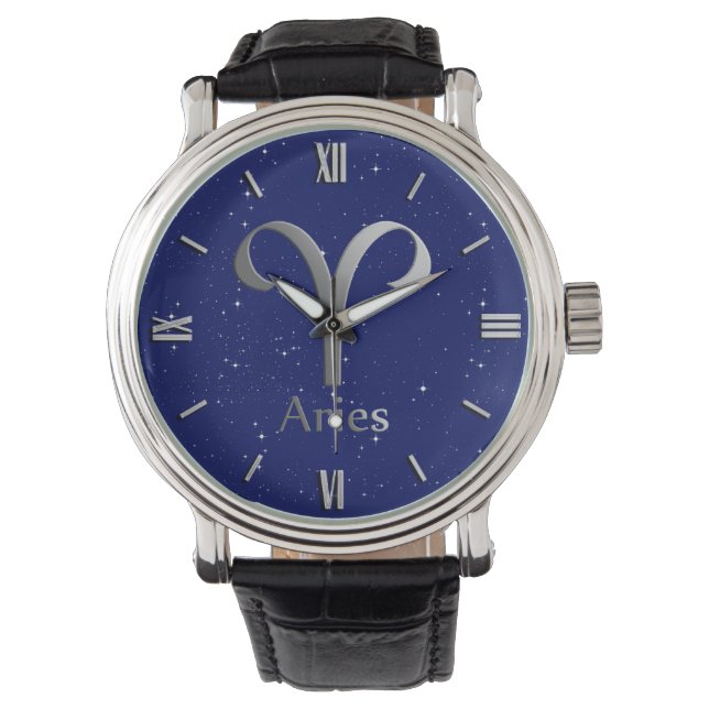 Zodiac-Symbol für Aries auf Deep Midnight Blue Armbanduhr (Vorderseite)