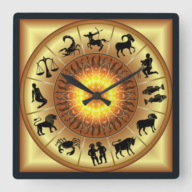 Zodiac~ToastSun~Western Astrologie~Gold Back~ Quadratische Wanduhr (Vorderseite)