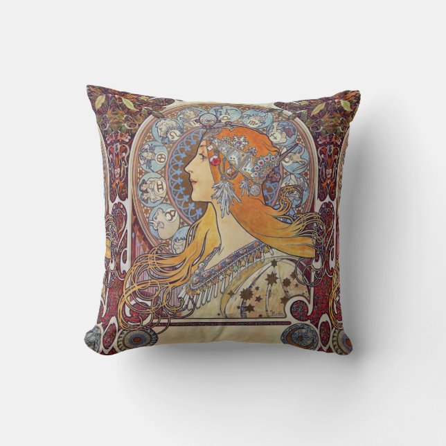 Zodiac und ihr Tiara Alphonse Mucha Kunst und Kult Kissen (Vorderseite)