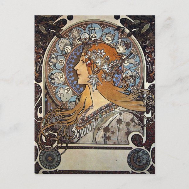 Zodiac Woman by Alphonse Mucha - Jugendstil Postkarte (Vorderseite)