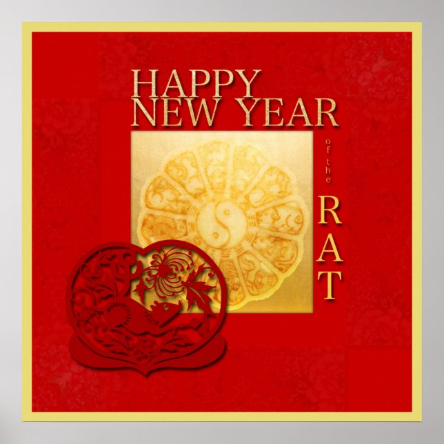 Zodiac Yin Yang Rat Papercut Chinese Year 2020 SqP Poster (Vorne)