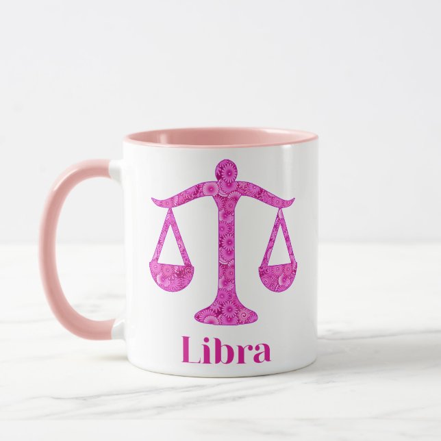 Zodiac-Zeichen für Libra in Magenta und Rosa Tasse (Links)