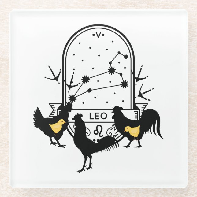 Zodiac-Zeichen und Matching-Haustiere. Leo - Huhn. Glasuntersetzer (Vorderseite)