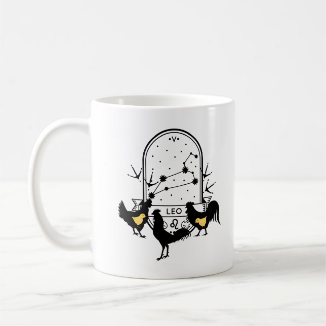 Zodiac-Zeichen und Matching-Haustiere. Leo - Huhn. Kaffeetasse (Links)