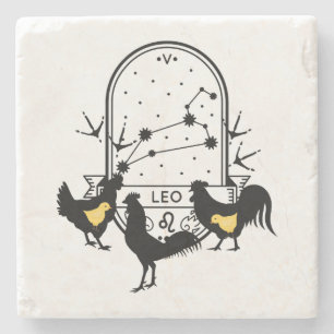 Zodiac-Zeichen und Matching-Haustiere. Leo - Huhn. Steinuntersetzer