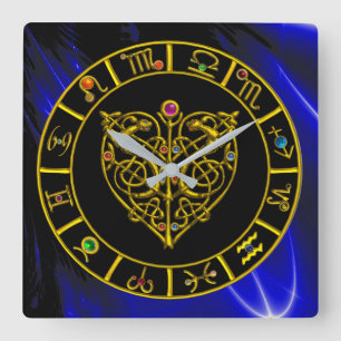 ZODIAKALE SIGNALE IN BLAU, GOLD ASTRAL HERZAstrolo Quadratische Wanduhr